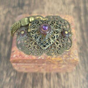 Jo Marz VTG 2000 First Edition Trinket Box Soapstone Purple Jewels Locket Tassel